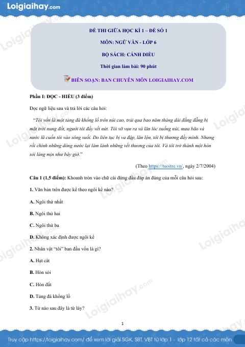 Đề thi giữa kì 1 Văn 6 Cánh diều - Đề số 1